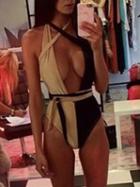 Choies Khaki And Black Contrast Plunge Multi-way Strap Swimsuit