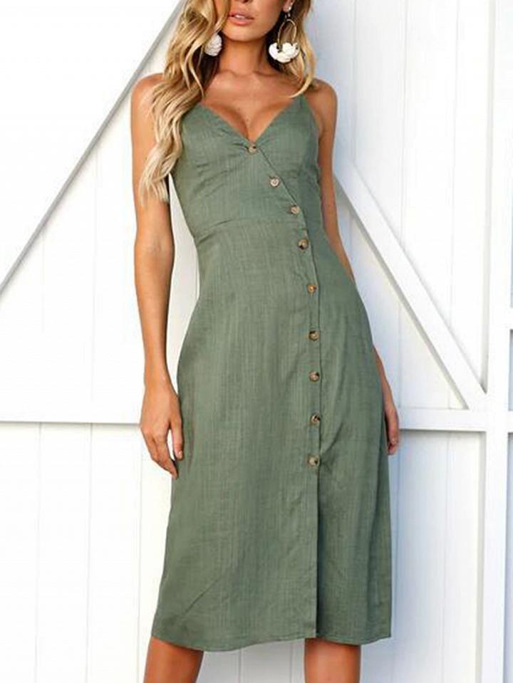 Choies Green Plunge Button Placket Front Thigh Split Chic Women Midi Dress