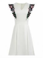 Choies White V-neck Embroidery Floral Ruffle Detail Dress