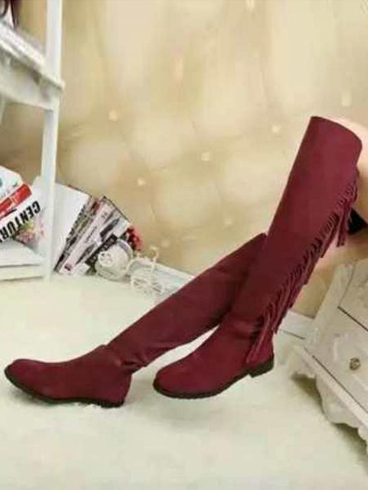 Choies Burgundy Stretch Tassel Trim Over The Knee Flat Boots