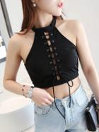 Choies Black High Neck Lace Up Front Crop Top