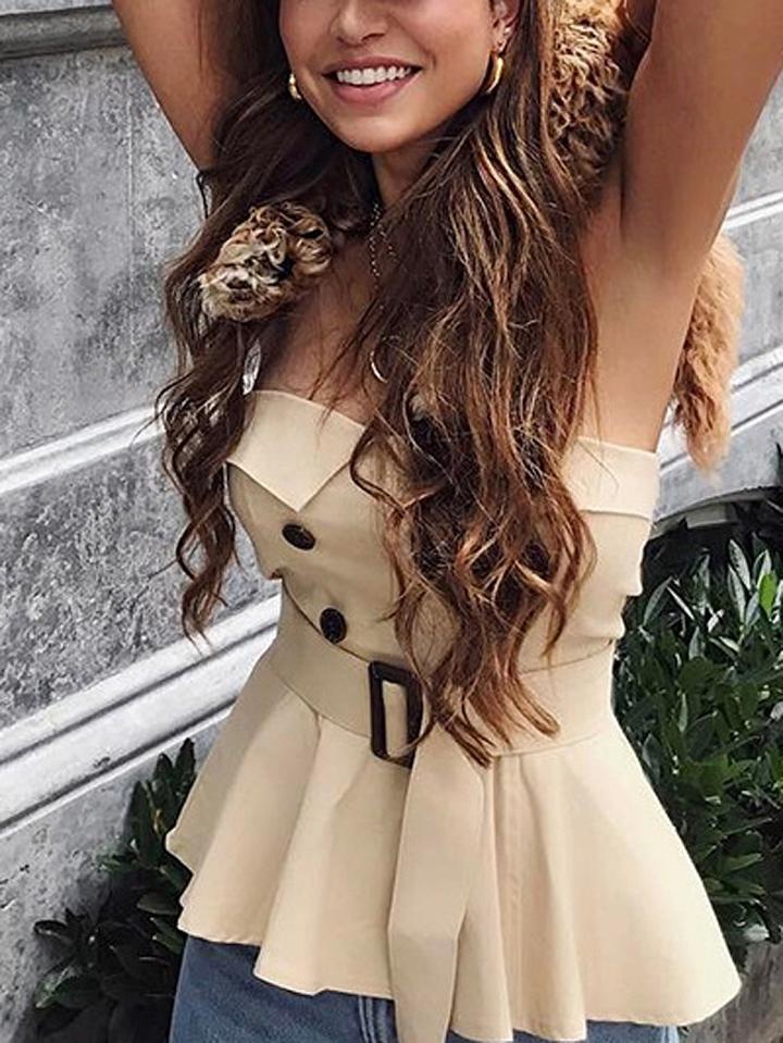 Choies Beige Off Shoulder Double-breasted Belt Waist Blouse