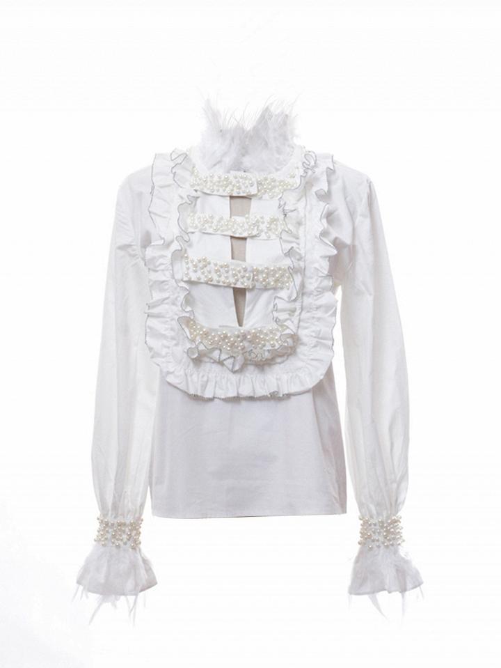 Choies White Beaded Ruffle Detail Feather Embellished Long Sleeve Shirt
