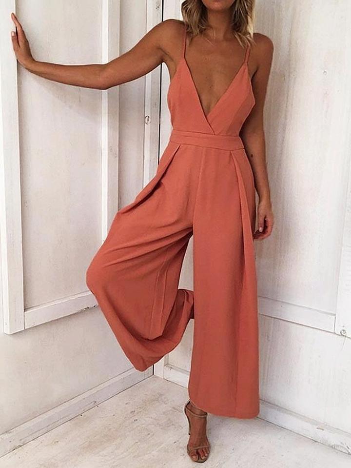 Choies Orange Spaghetti Strap V-neck Open Back Romper Jumpsuit