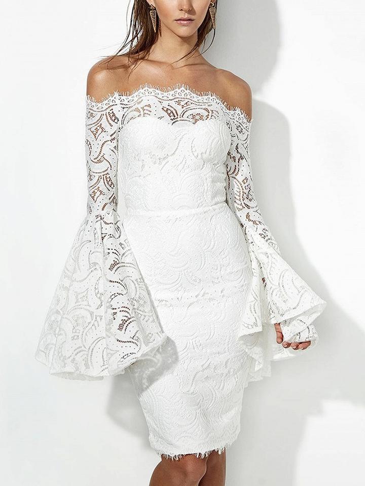 Choies White Off Shoulder Flare Sleeve Lace Bodycon Dress