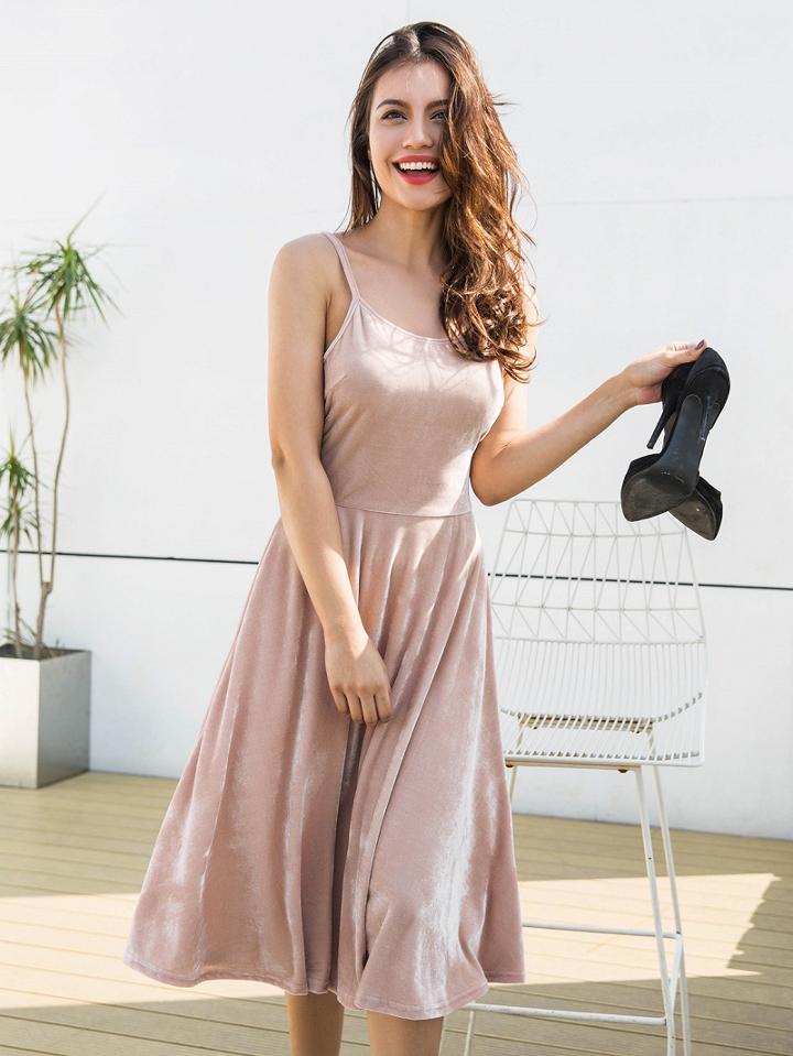 Choies Khaki Velvet Spaghetti Strap Lace Up Back Dress