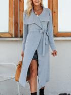 Choies Gray Tie Waist Long Sleeve Chic Women Longline Knit Cardigan