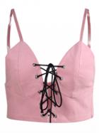 Choies Pink Spaghetti Strap Lace Up Front Crop Tank Top