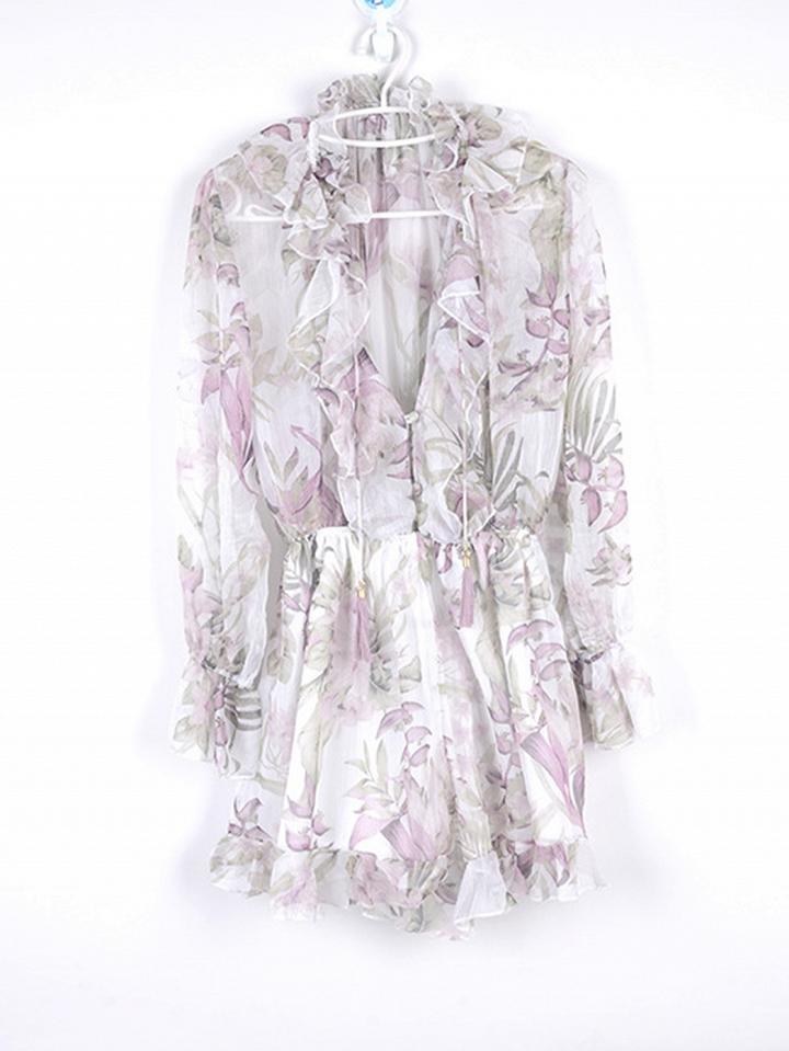Choies Beige V-neck Floral Print Long Sleeve Chic Women Romper Playsuit