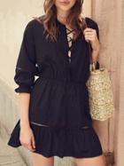Choies Black Lace Up Front  Ruffle Trim Mini Dress