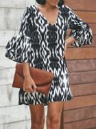 Choies Black V-neck Leopard Print Flare Sleeve Chic Women Mini Dress