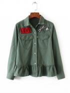 Choies Army Green Letter Patch Dragonfly Beaded Ruffle Hem Coat