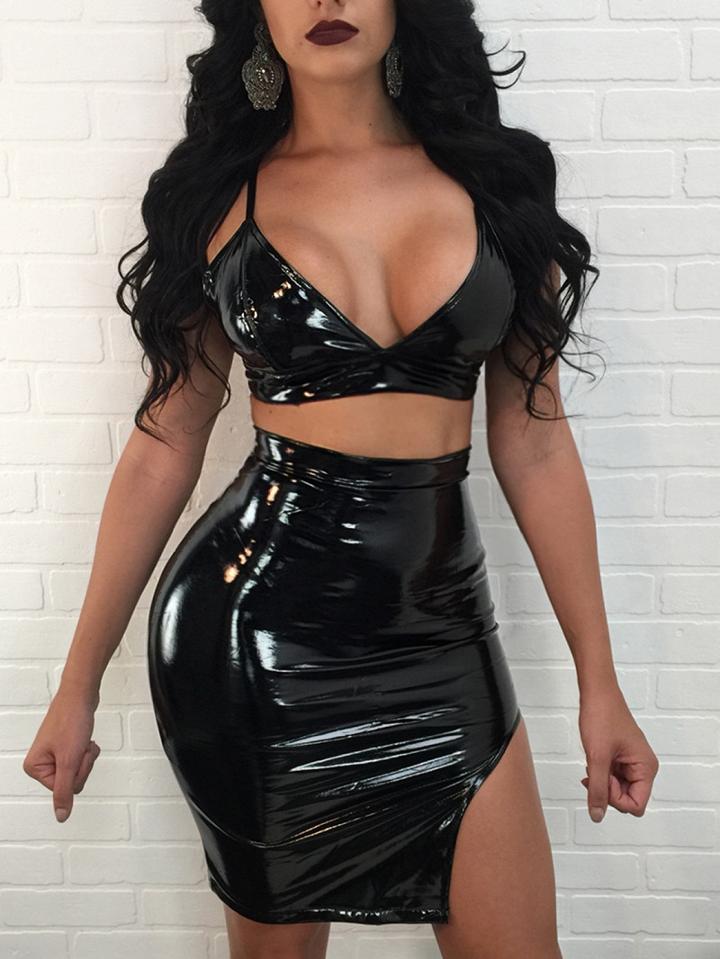 Choies Black Plunge Pu Crop Top And Split Side Bodycon Mini Skirt