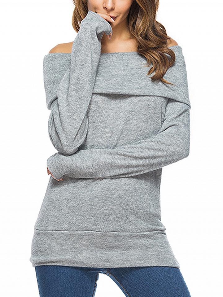 Choies Gray Off Shoulder Long Sleeve Knit Sweater