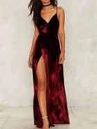 Choies Burgundy Velvet V-neck Open Back Thigh Split Maxi Dress