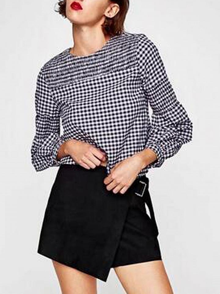 Choies Blue Plaid Stretch Panel Long Sleeve Blouse