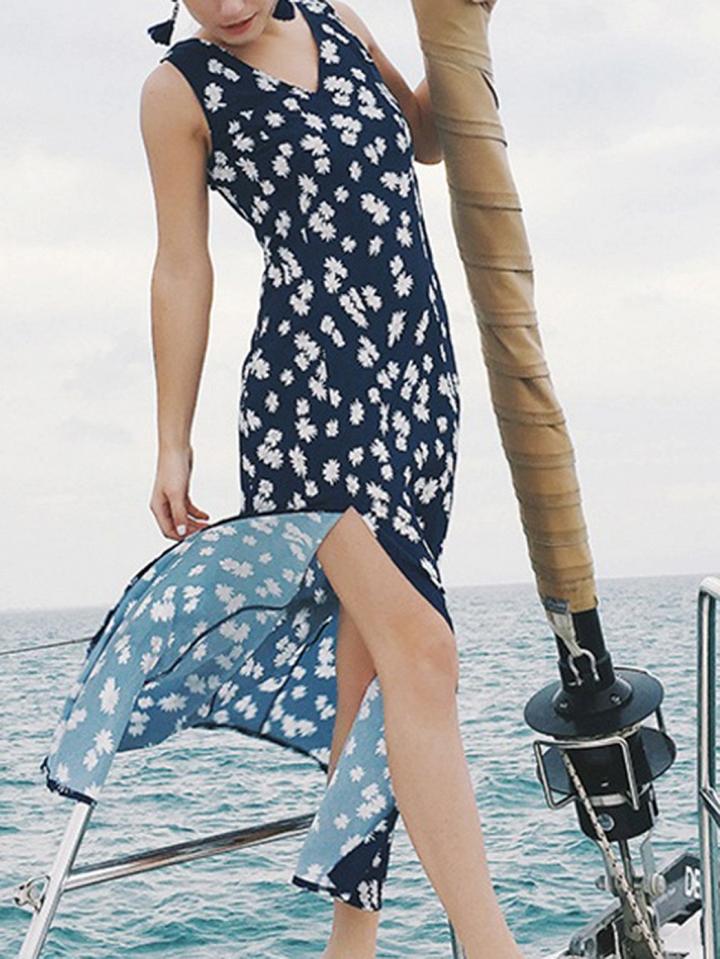 Choies Dark Blue V-neck Floral Print Thigh Split Side Maxi Dress