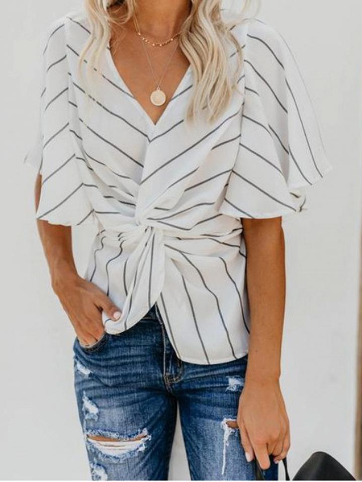 Choies White Stripe Chiffon V-neck Batwing Sleeve Chic Women Blouse