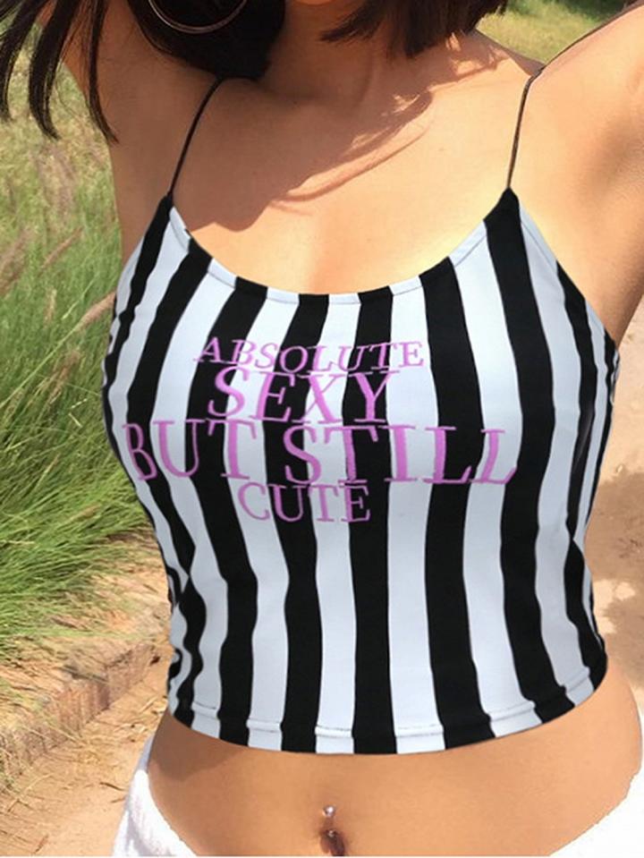 Choies Black Stripe Letter Embroidery Chic Women Crop Cami Top