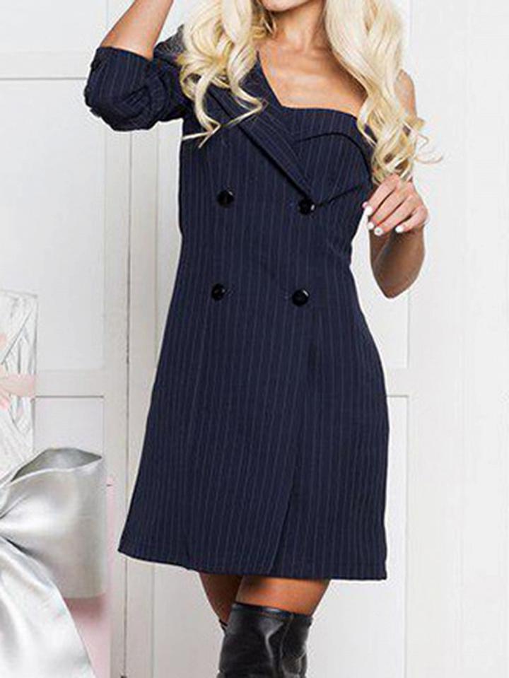Choies Blue Stripe One Shoulder Double Breasted Front Chic Women Mini Dress