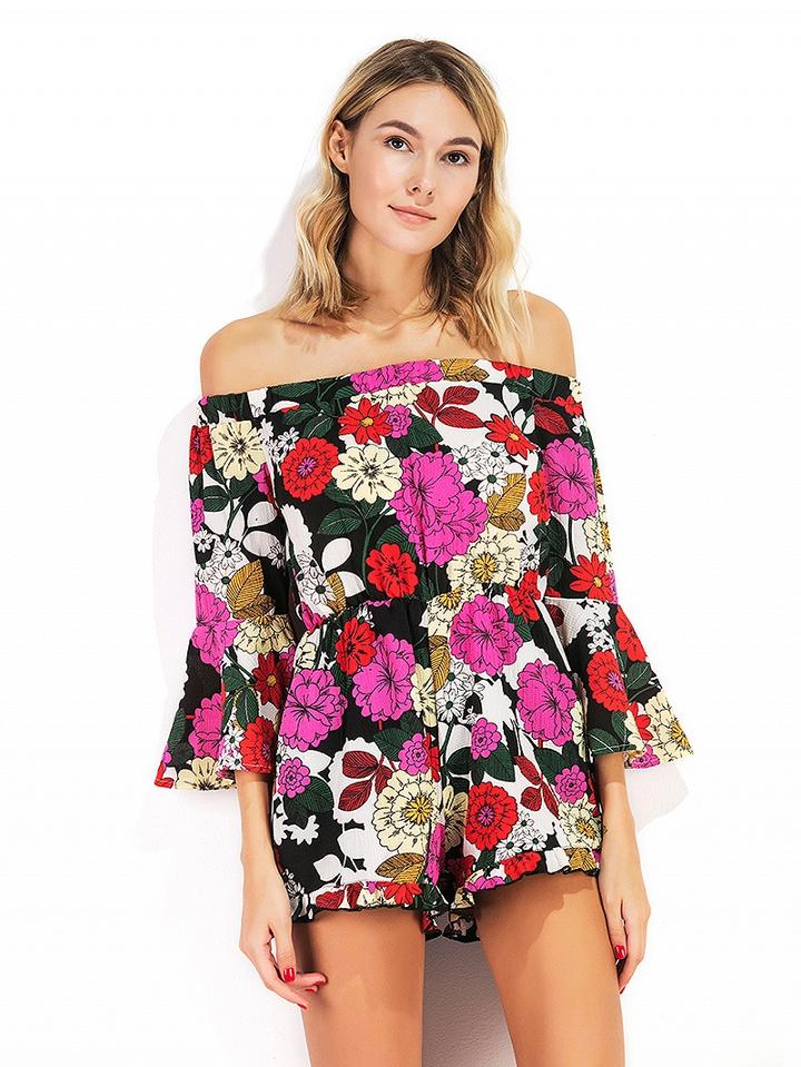 Choies Polychrome Floral Print Off Shoulder Bell Sleeve Romper Playsuit