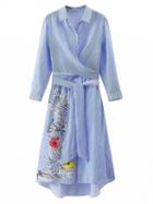 Choies Blue Stripe Floral Print Tie Waist Long Sleeve Shirt Dress