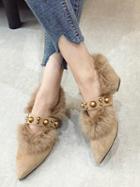Choies Beige Studs Detail Pointed Toe Women Faux Fur Mid Heeled Shoes
