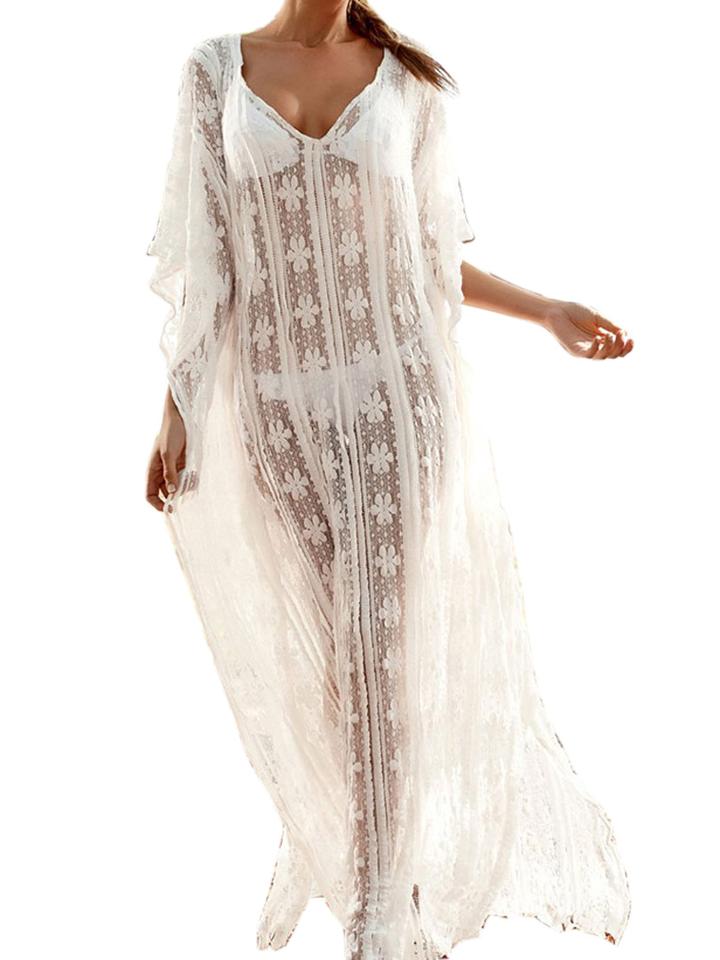 Choies White V Neck Sheer Embroidery Lace Batwing Sleeve Maxi Dress