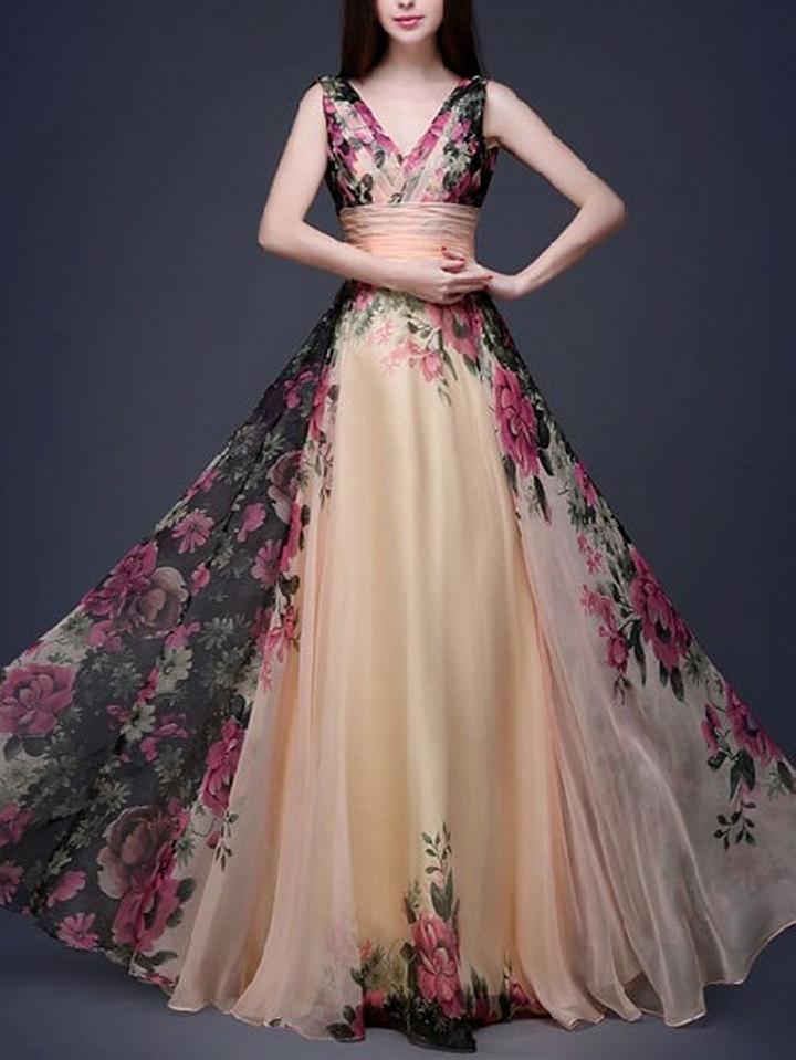 Choies Champagne V-neck Floral Print Maxi Dress