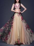 Choies Champagne V-neck Floral Print Maxi Dress