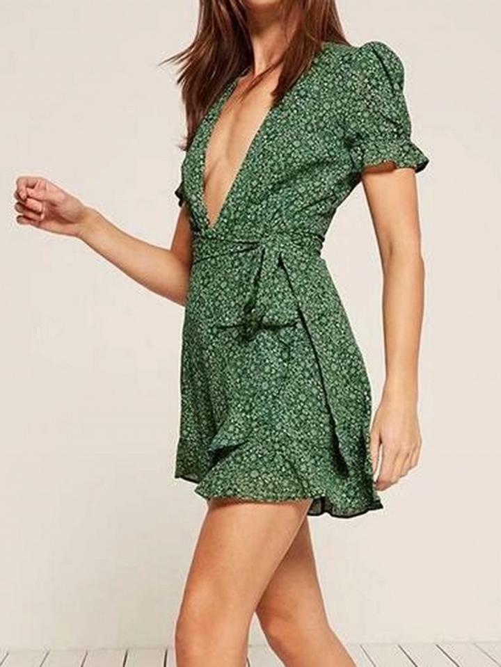 Choies Green Plunge Floral Print Tie Waist Chic Women Mini Dress