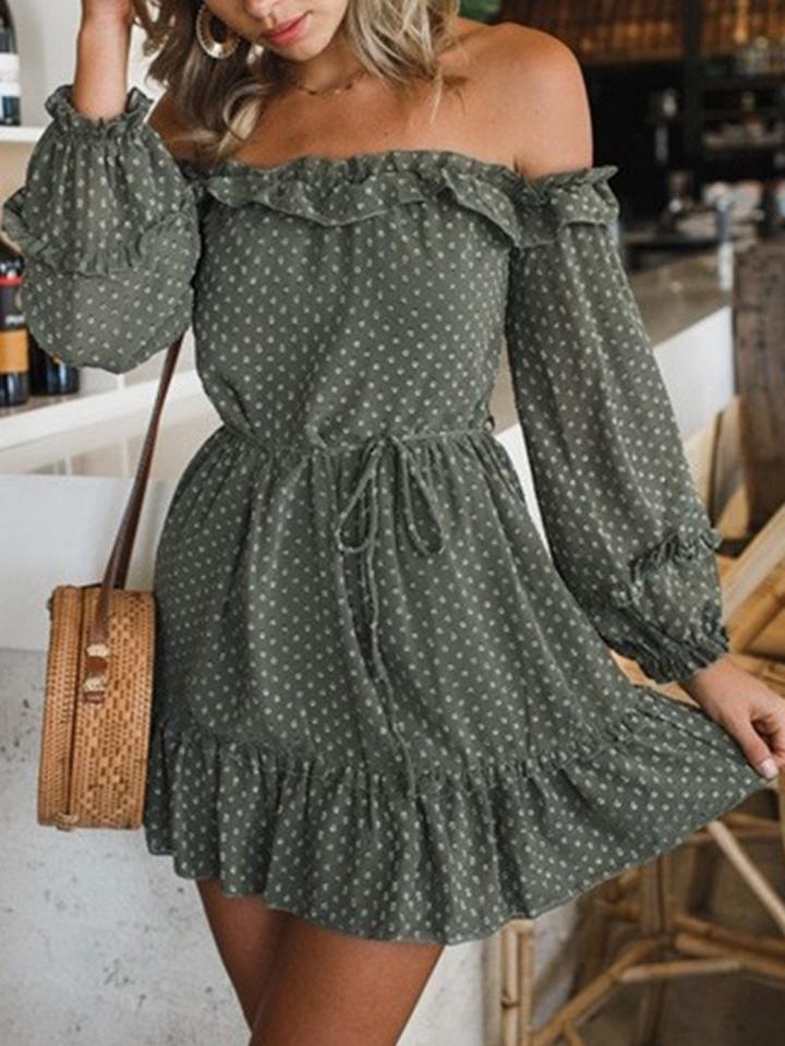 Choies Green Chiffon Off Shoulder Polka Dot Puff Sleeve Chic Women Mini Dress