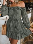Choies Green Chiffon Off Shoulder Polka Dot Puff Sleeve Chic Women Mini Dress