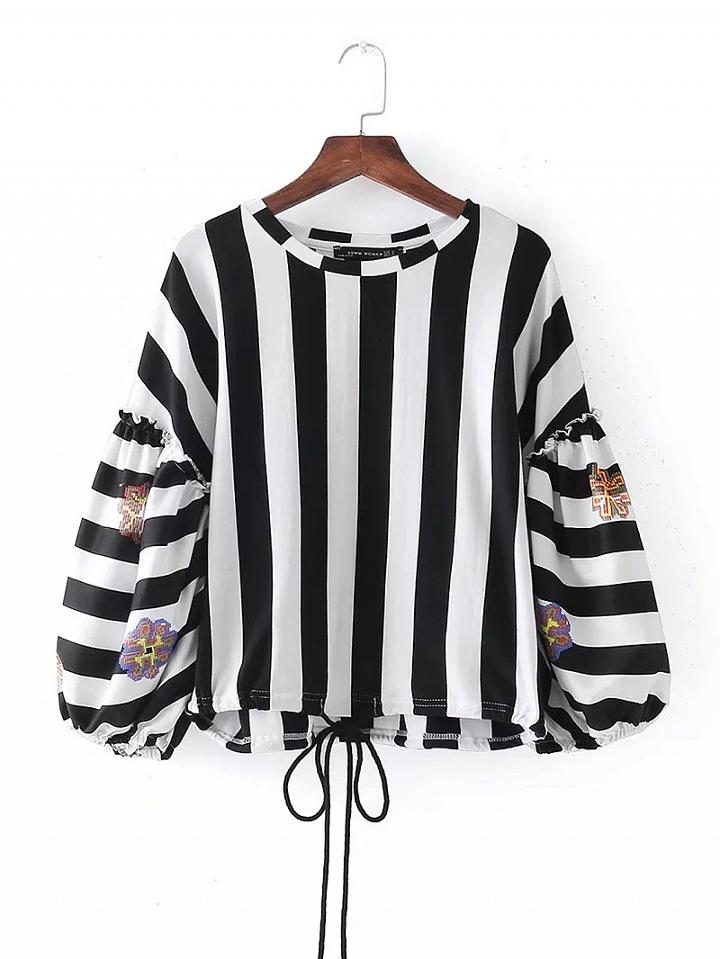 Choies Black Stripe Embroidery Detail Puff Sleeve Blouse