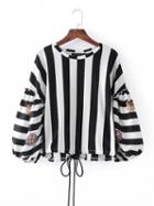 Choies Black Stripe Embroidery Detail Puff Sleeve Blouse