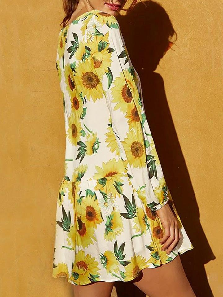 Choies Yellow V-neck Sunflower Print Long Sleeve Mini Dress