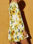 Choies Yellow V-neck Sunflower Print Long Sleeve Mini Dress