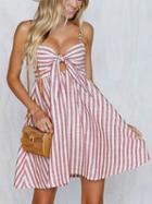 Choies Pink Stripe Spaghetti Strap Knot Front Mini Dress