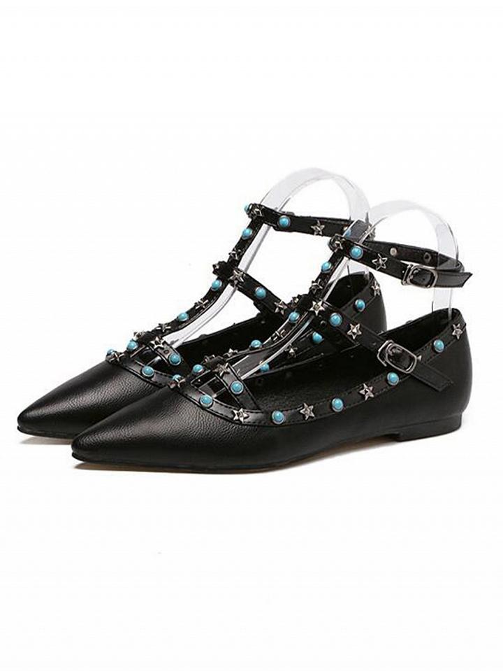 Choies Black Star Embellished Ankle-strap Flats Shoes