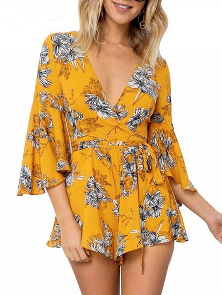Choies Yellow Plunge Tie Waist Print Detail Flare Sleeve Romper Playsuit
