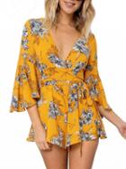 Choies Yellow Plunge Tie Waist Print Detail Flare Sleeve Romper Playsuit