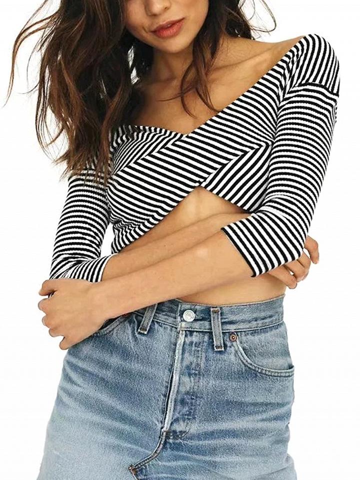 Choies Monochrome Stripe Wrap Long Sleeve Knit Crop Top
