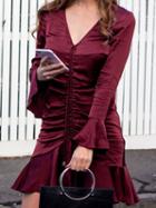 Choies Burgundy Satin Look V-neck Flare Sleeve Chic Women Mini Dress