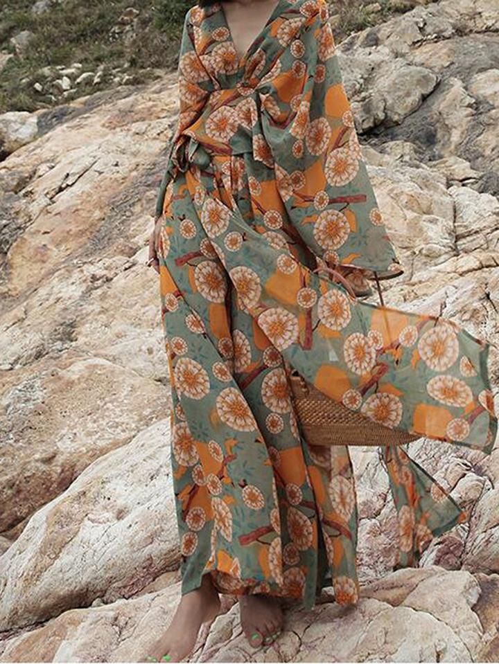 Choies Polychrome V-neck Floral Print Chic Women Blouse And High Waist Skirt