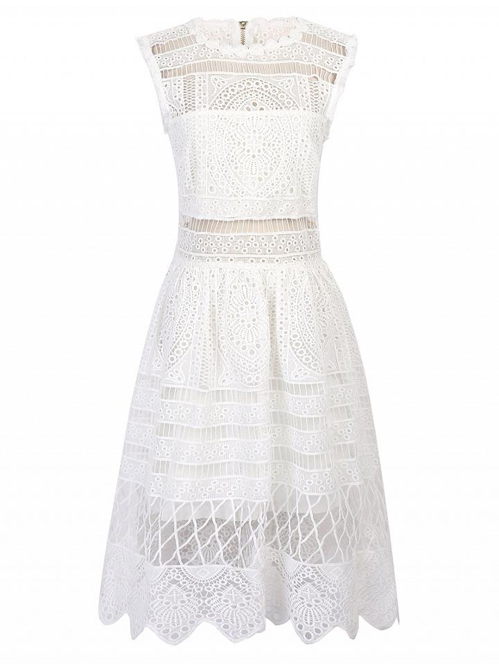 Choies White Scalloped Hem Cut Out Lace Skater Dress