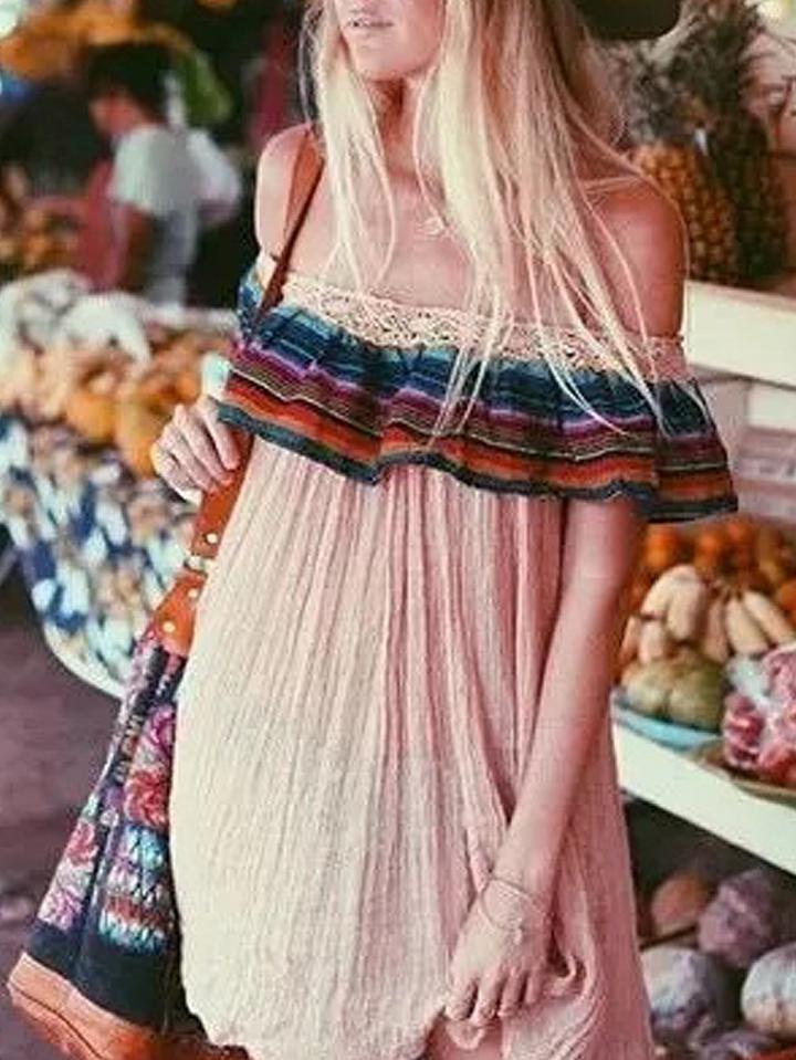 Choies Pink Off Shoulder Stripe Ruffle Mini Dress