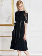 Choies Black Cold Shoulder Lace Panel Pointed Collar Ruffle Trim Midi Dress