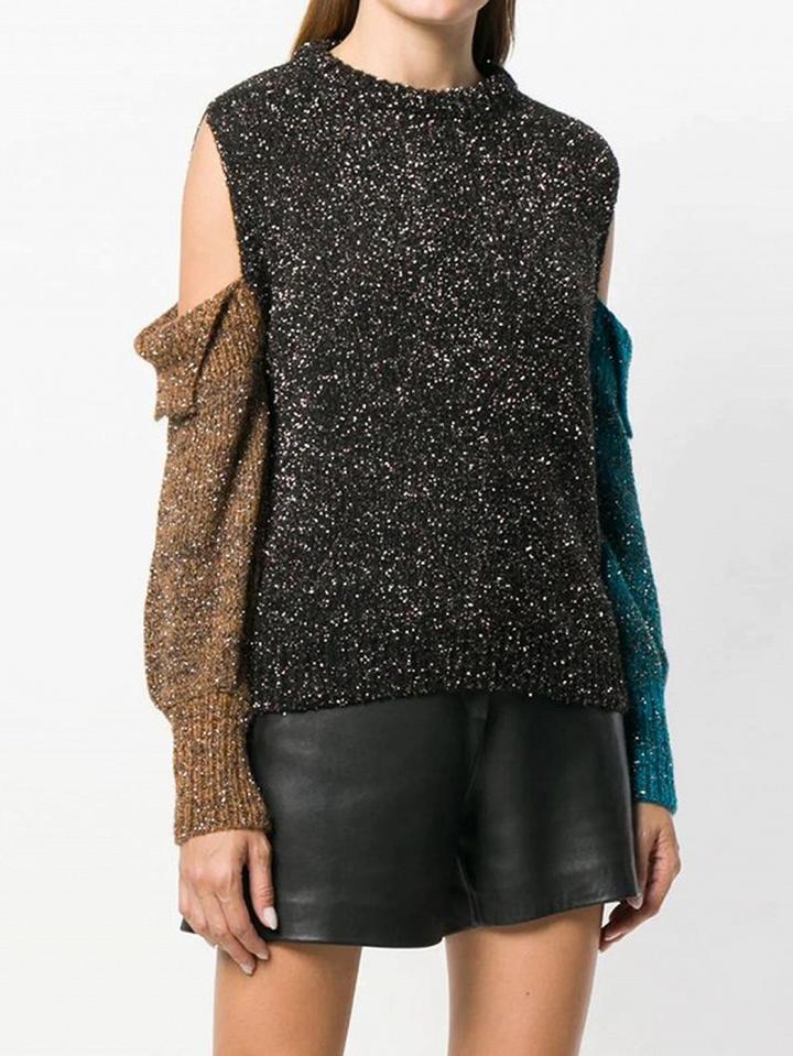 Choies Multicolor Crew Neck Cold Shoulder Long Sleeve Knit Sweater