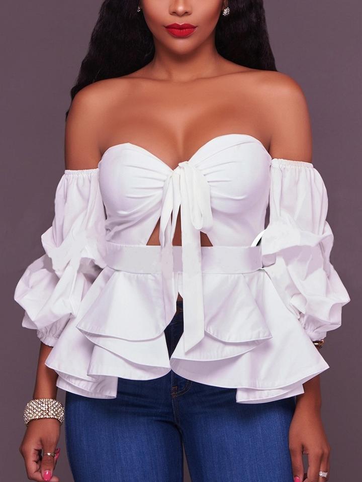 Choies White Off Shoulder Sweetheart Ruffle Hem Long Sleeve Blouse