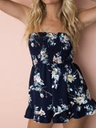 Choies Navy Blue Stretch Off Shoulder Floral Print Romper Playsuit